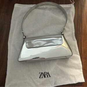 Zara minimalistic metallic mirror silver shoulder bag with flap